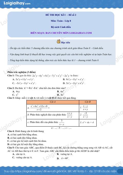 Đề thi học kì 1 Toán 8 - Đề số 2 - Cánh diều